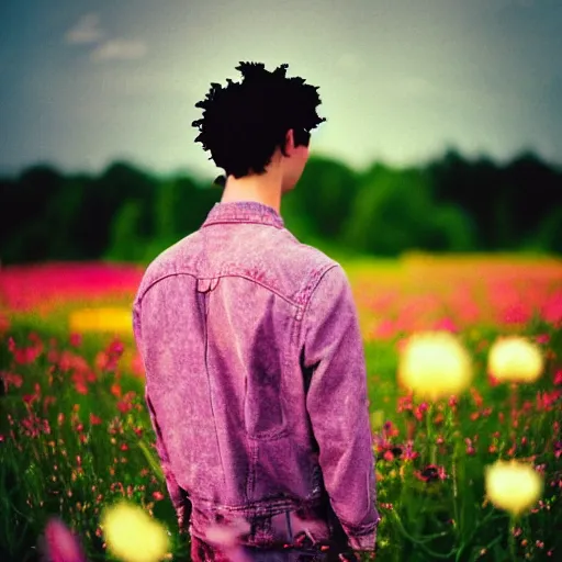 Image similar to kodak portra 4 0 0 photograph of a skinny goth guy standing far back in a field of flowers, back view, flower crown, moody lighting, telephoto, 9 0 s vibe, blurry background, vaporwave colors, faded!,