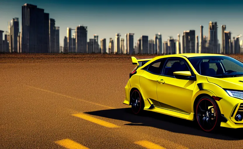 Prompt: photograph of a cell-shaded yellow Honda Civic EK9 Type-R, on a desert road with a futuristic city in the horizon, kicking up dirt, sigma 85mm f/1.4, 4k, depth of field, high resolution, 4k, 8k, hd, full color