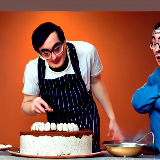 Image similar to a filthy frank and g-man is making human cake, photorealistic, 4K, HD, 24K