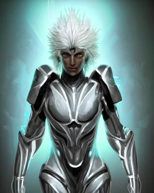 Image similar to perfect white haired egyptian male god, brute, fantasy nanosuit powered exosuit neon skin armor, beautiful, symmetric, dreamy, half african, ancient, charlize theron, detailed, scifi platform, laboratory, experiment, 4 k, ultra realistic, epic lighting, android body, illuminated, cinematic, masterpiece, art by akihito tsukushi, voidstar