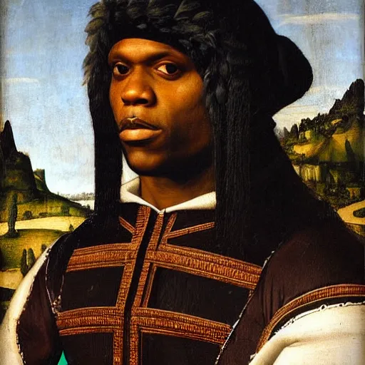 Image similar to a renaissance portrait painting of chief keef by giovanni bellini painting on a building in downtown chicago