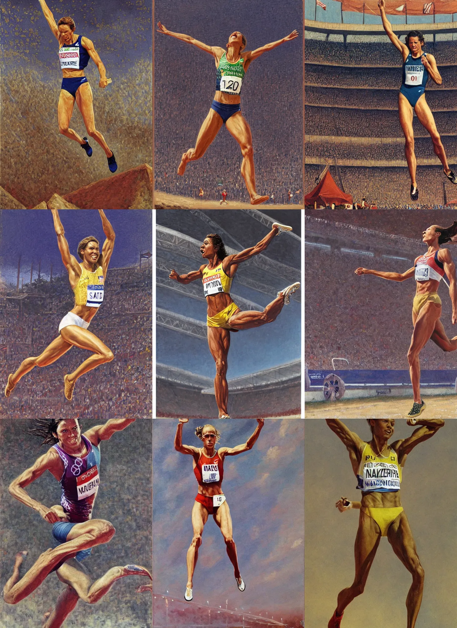 Prompt: an olympic athlete, female long-jumper, winning a gold medal, by Ted Nasmith