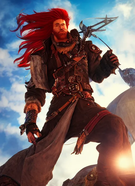 Image similar to an epic fantasy comic book style portrait painting of a long haired, red headed male sky - pirate in front of an airship, unreal 5, daz, hyperrealistic, octane render, cosplay, rpg portrait, dynamic lighting, in the style of final fantasy