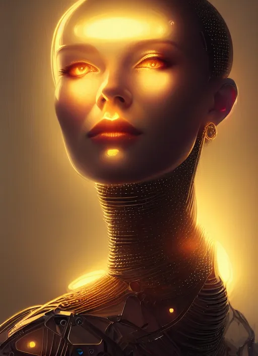 Image similar to portrait of female ex - machina humanoid, intricate, elegant, glowing lights, highly detailed, digital painting, artstation, glamor pose, concept art, smooth, sharp focus, illustration, art by artgerm and greg rutkowski