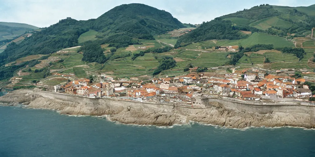 Prompt: aerial view of the village of zumaia in the basque country, 1 9 7 8, kodachrome