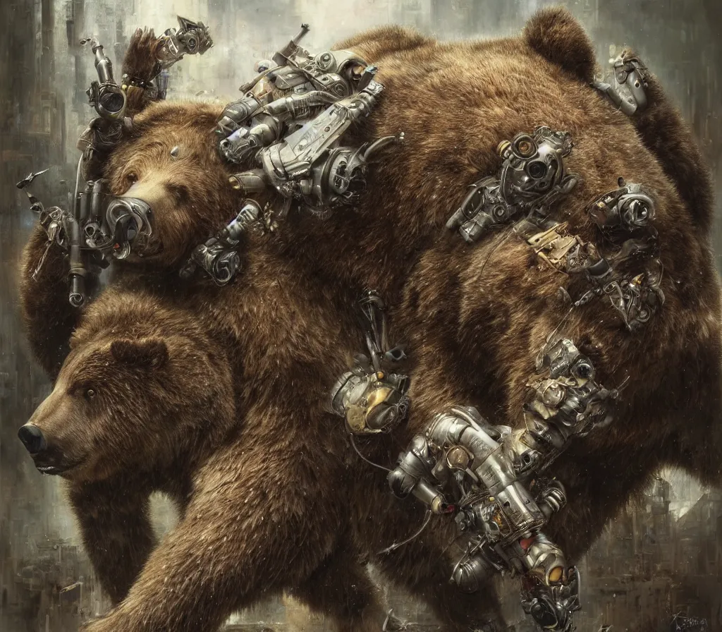 Prompt: a cyborg grizzly bear dj mixing records on stage by art germ, krenz cushart, tomasz alen kopera, and pascal blanche, photorealistic, highly detailed, sharp focus, illustration, lifelike, highly detailed, intricate, cyberpunk, biomechanics,