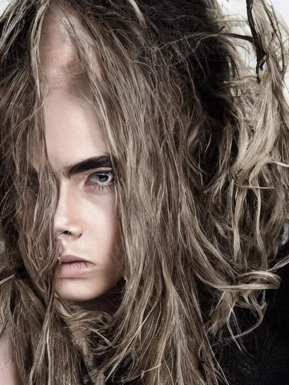 Prompt: hyperdetailed close shot of cara delevingne, winds of winter, with ripped crop t - shirt, fine - face, pretty face