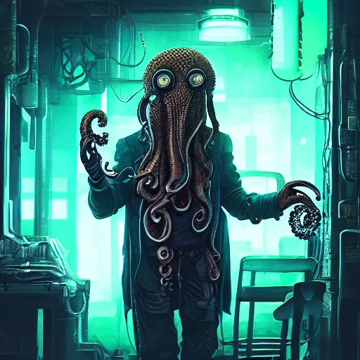 Image similar to a high quality portrait of octopus Davy Jones in a cyberpunk cyberpunk cyberpunk cafe, realism, 8k, award winning photo