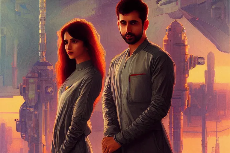 Image similar to Sensual good looking pale young Indian doctors wearing Blade Runner 2049 clothing in a space station above Earth, portrait, elegant, intricate, digital painting, artstation, concept art, smooth, sharp focus, illustration, art by artgerm and greg rutkowski and alphonse mucha