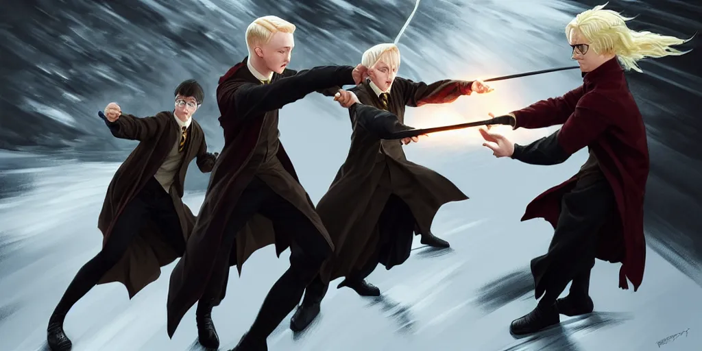 Prompt: harry potter fighting draco malfoy, highly detailed, digital painting, artstation, concept art, matte, sharp focus, illustration, art by artgerm and greg rutkowski and alphonse mucha