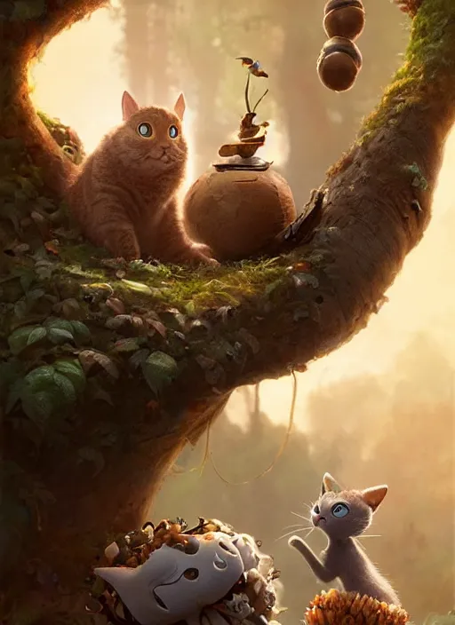 Image similar to round antropomorphic acorn and cat in world adventure movie by nuri iyem, james gurney, james jean, greg rutkowski, anato finnstark. pixar. hyper detailed, 5 0 mm, award winning photography, perfect faces