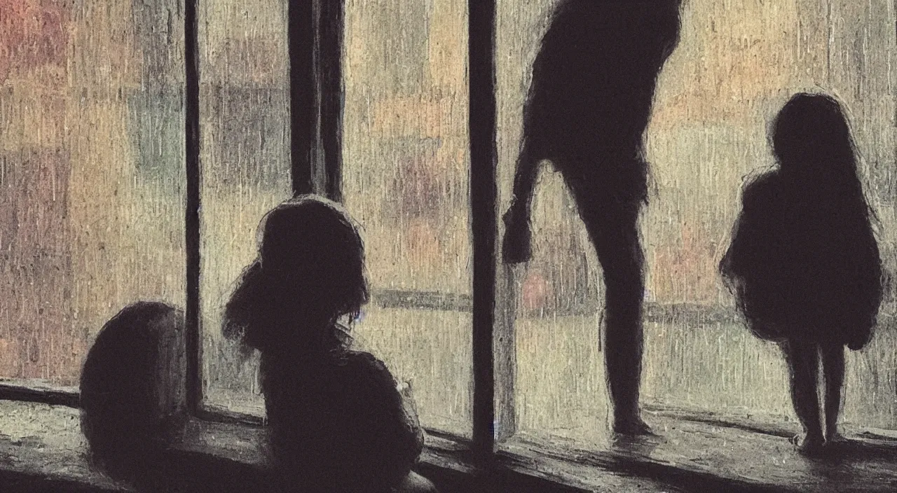 Prompt: a girl stuyding at night infront of rainy window