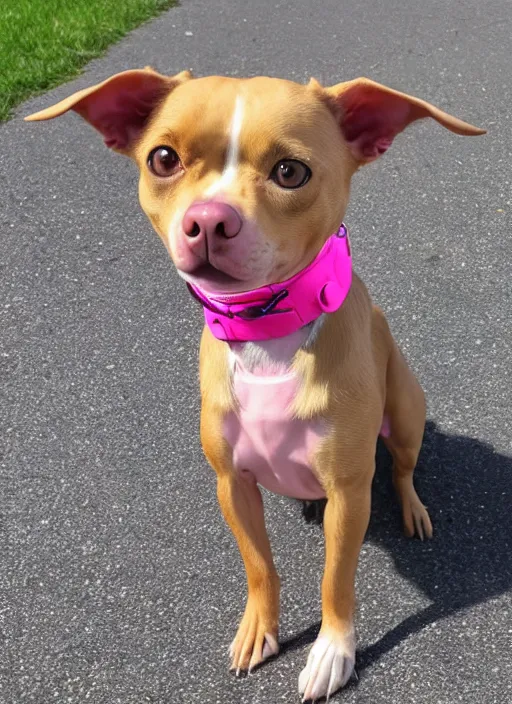 Image similar to fully grown tan pit bull, long - haired chihuahua, pomeranian mix, wearing a pink harness