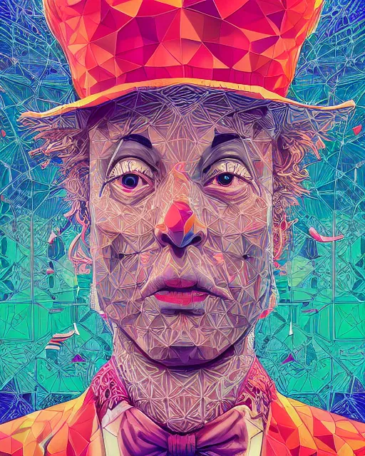 Prompt: symmetrical!! highly detailed vfx portrait of the mad hatter, geometric polygons, global illumination, detailed and intricate environment by james jean, liam brazier, victo ngai and tristan eaton