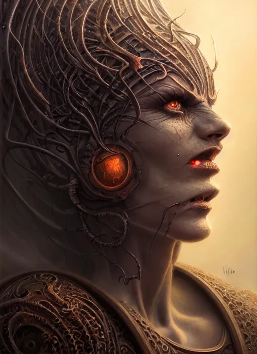 Prompt: closeup portrait shot of a demon woman in a scenic dystopian environment, intricate, elegant, highly detailed, centered, digital painting, artstation, concept art, smooth, sharp focus, illustration, artgerm, tomasz alen kopera, peter mohrbacher, donato giancola, joseph christian leyendecker, wlop, boris vallejo