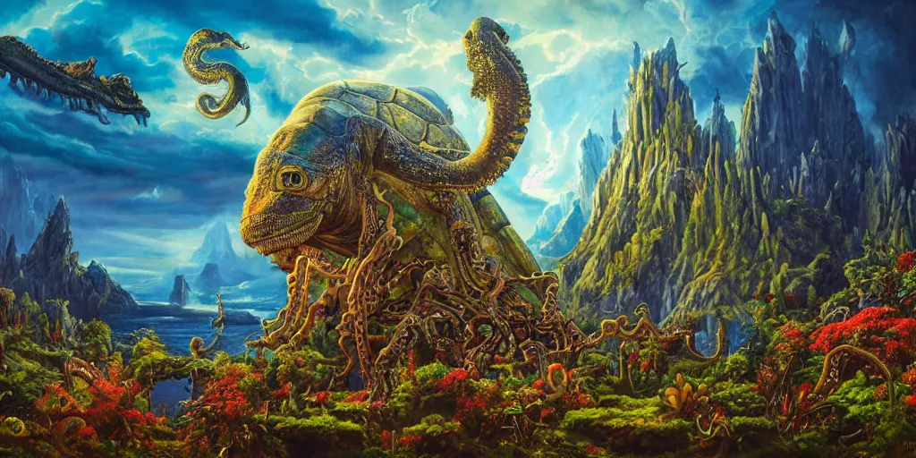 Image similar to fantasy oil painting, great leviathan, cybernetic turtle cephalopod terrapin reptilian pachyderm squid, bella hadid, hybrid, milla jovovich, anubis, epic natural light, lush plants flowers, spectacular mountains, bright clouds, luminous sky, outer worlds, golden hour, michael cheval, edward hopper, michael whelan, vray, hd