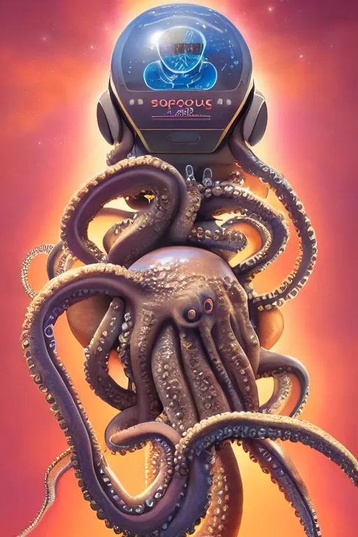 Prompt: Octopus wearing a spacesuit, centered, portrait by Greg Hildebrandt, studio lighting, by Terry Richardson, by Leonardo DaVinci, ultrarelistic, trending on Artstation, 8K, octane renderer