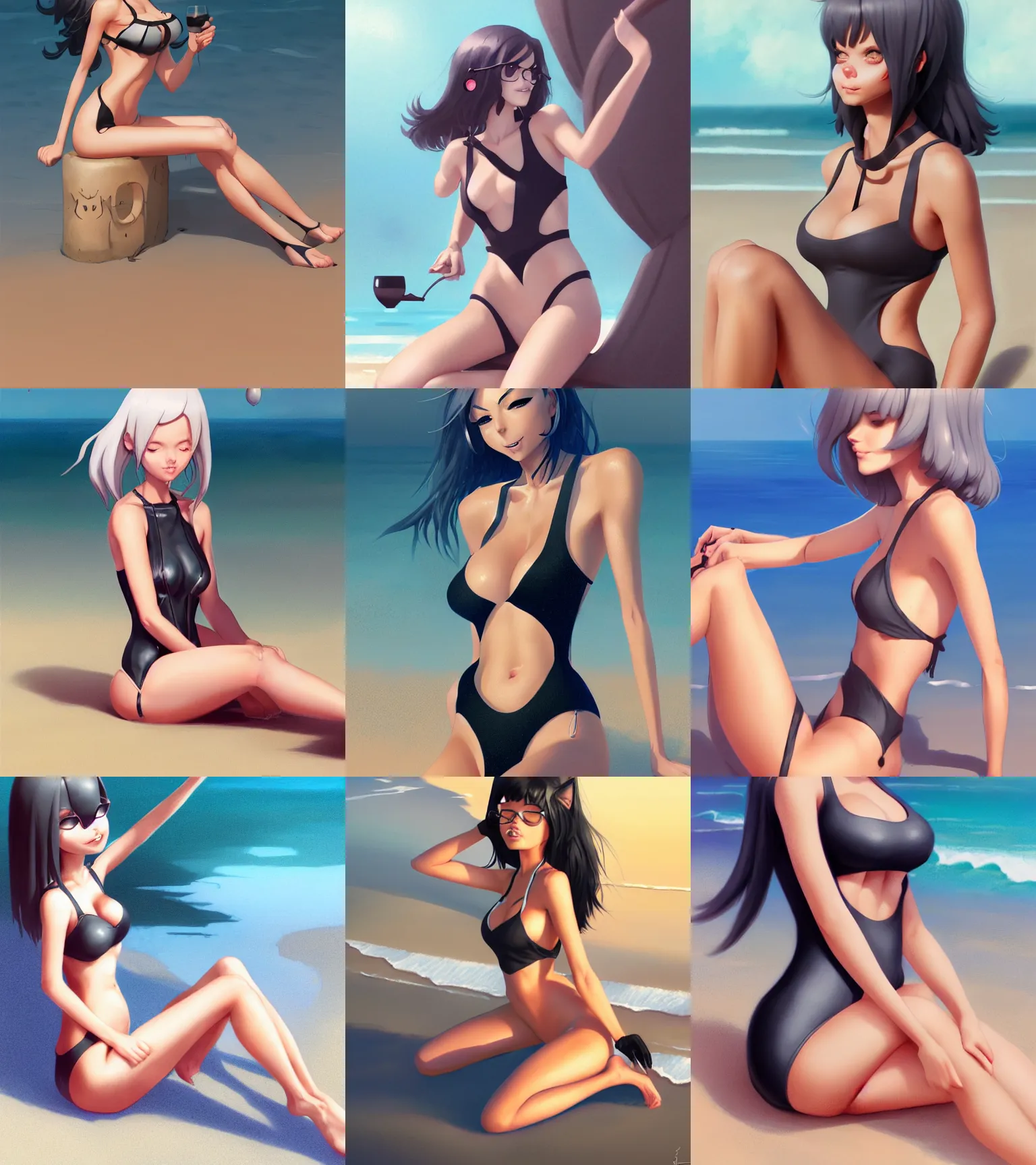 Prompt: attractive cat girl , closed monokini, dark swimsuit , grey hair , hourglass slim figure , full body shot close up , short hair , seductive smile , details, sharp focus , illustration , sitting at the beach , by Jordan Grimmer and Greg Rutkowski , Trending artstation , pixiv , digital Art