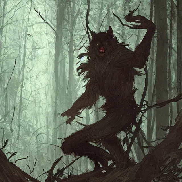 Prompt: a young fit male werewolf with long claws in a dark forest at night, by greg rutkowski and alphonse mucha, gradient brown to red, highly detailed, digital painting, artstation, concept art, smooth, sharp focus illustration