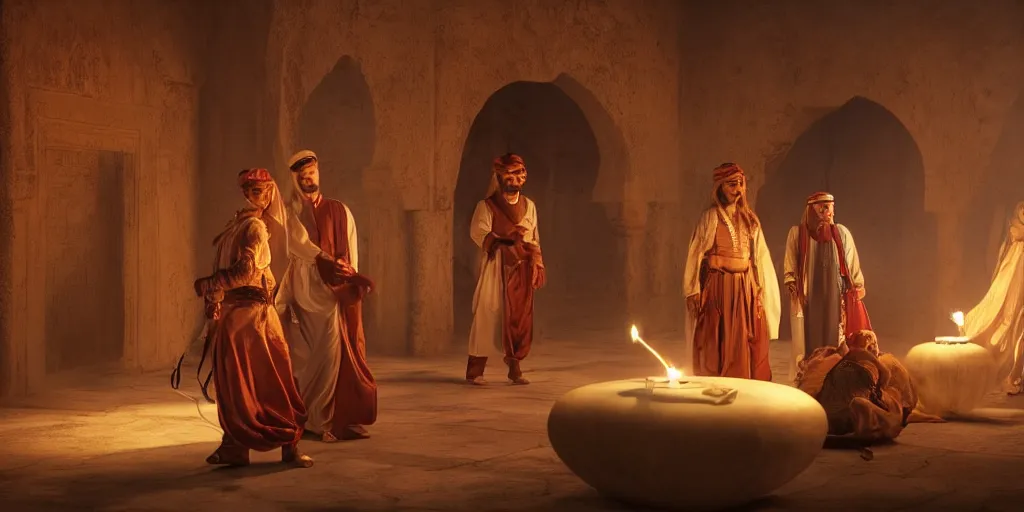 Prompt: live action cinematic version of 1 0 1 arabian nights, volumetric lighting, dynamic lighting, cinematic