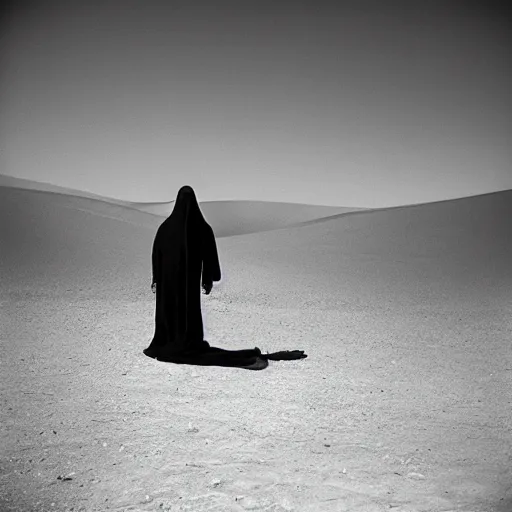 Image similar to a man wearing a long cloak and gasmask, in the desert, film still, arriflex 35