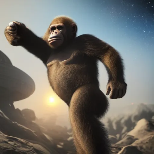 Image similar to ape in space, full body, realistic, ultra detail, 8k, Unreal Engine, Atmospheric