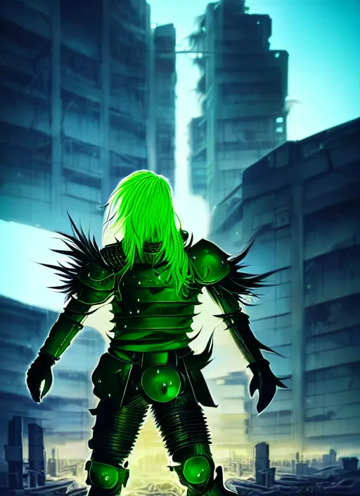 Image similar to a striking cinematic full body manga portrait of a male warrior with long blonde hair and blue eyes wearing evil green spiked cyberpunk armour and standing in the desolate burning ruins of a futuristic city by hirohiko araki and beeple, fine details, digital art, character concept art, volumetric lighting, cinematic light, photorealistic