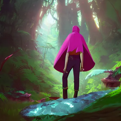 Prompt: concept art painting of an anthropomorphic lizard wearing magenta wizard robes, in the deep forest, realistic, detailed, cel shaded, in the style of makoto shinkai and greg rutkowski and james gurney