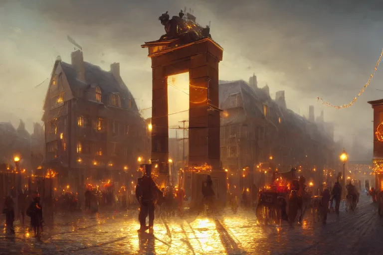 Image similar to a guillotine with christmas lights on it, matte painting, concept art, wide shot, digital art, trending on artstation, 4 k, extremely detailed, realistic, midday, warm colors, golden sunlight, by greg rutkowski, cinematic, epic