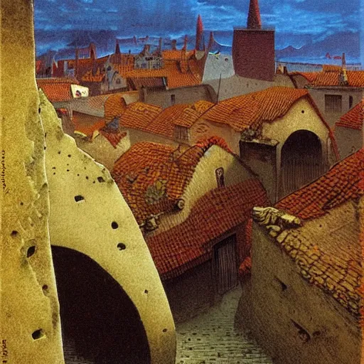 Image similar to landscape of old town made by zdzislaw beksinski