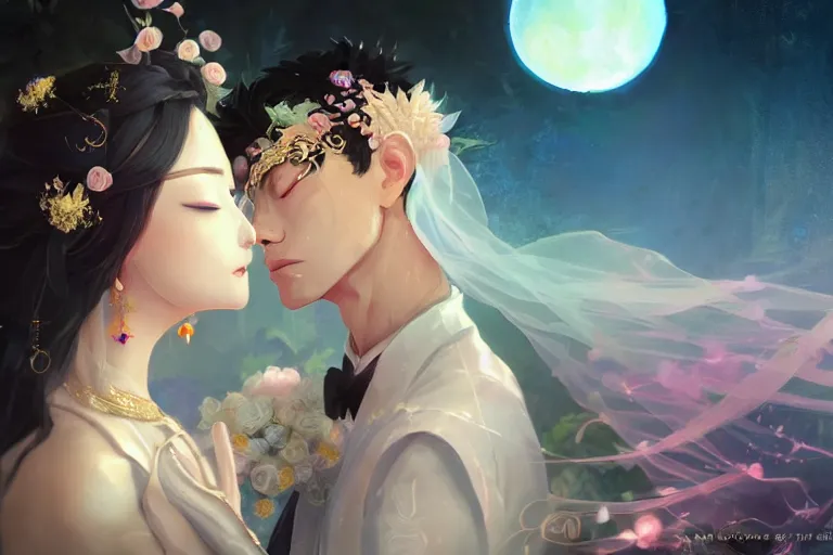 Image similar to a dreamlike portrait of wedding photograph close up moment of a divine a taiwan sun god and moon goddess lovers magician at a wedding banquet. portraiture. digital painting. artstation. concept art. fantasy wedding photo. digital painting, 8 k realistic, hyper detailed, by makoto shinkai and akihiko yoshida and hidari and wlop