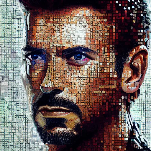 Prompt: mosaic portrait of iron man by greg rutkowski, 4k, intricate details, digital, explosion in the background