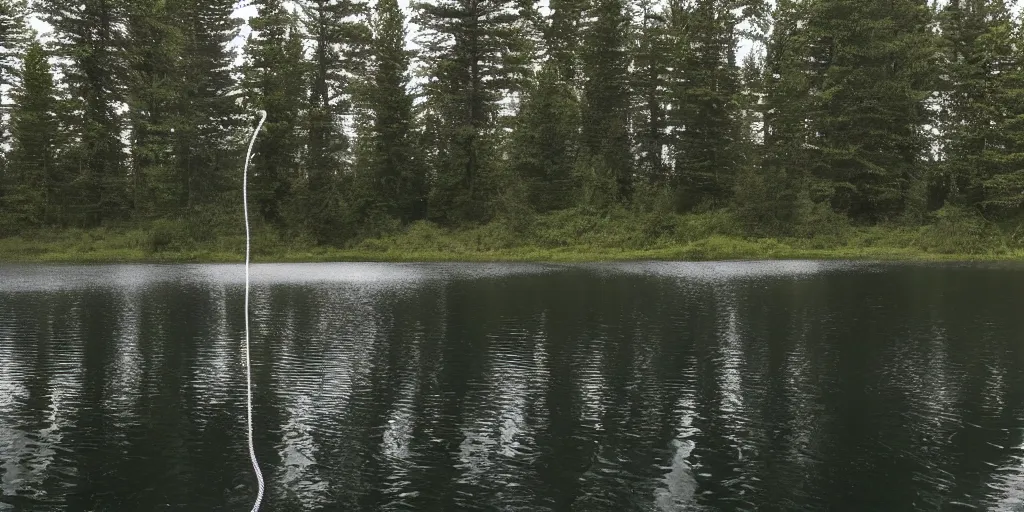 Image similar to symmetrical photograph of an infinitely long rope floating on the surface of the water, the rope is snaking from the foreground stretching out towards the center of the lake, a vortex in the middle of a dark lake on a cloudy day, trees in the background, anamorphic lens