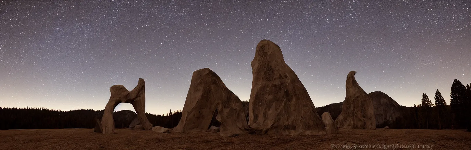 Image similar to to fathom hell or soar angelic, just take a pinch of psychedelic, medium format photograph of two colossal minimalistic necktie sculpture installations by antony gormley and anthony caro in yosemite national park, made from iron, marble, and limestone, granite peaks visible in the background, taken in the night