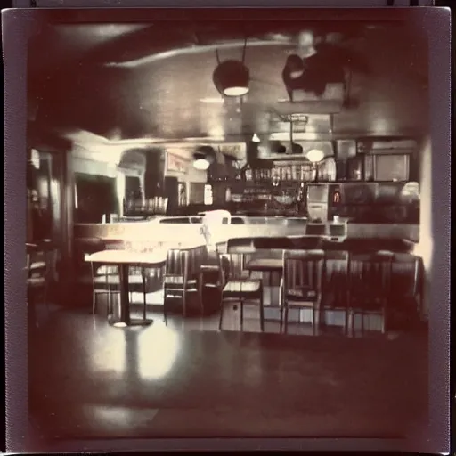 Prompt: 1980s polaroid of a restaurant with a creepy smiling animatronic in the corner, blurry, hazy