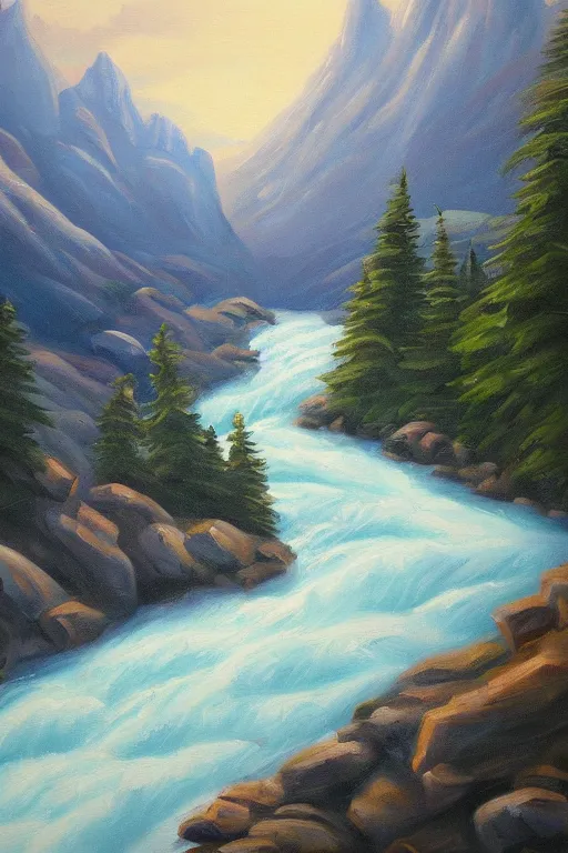 Prompt: mountaintop river flat illustration oil painting trending on artstation