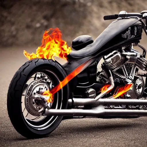 Prompt: skeleton harley davidson with fire and flames, dark, scary