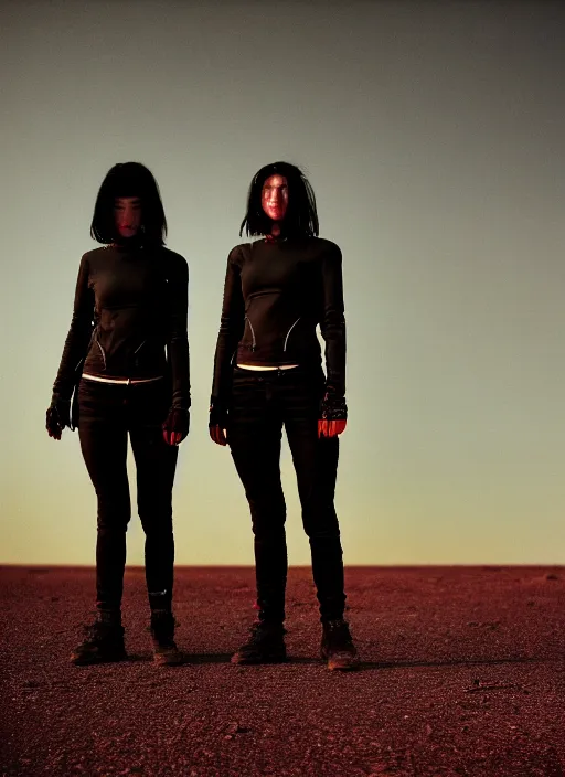 Image similar to cinestill 5 0 d photographic portrait of two loving female androids wearing rugged black techwear on a desolate plain with a red sky, extreme closeup, lizard on ground, cyberpunk style, in front of a brutalist dark metal facility, dust storm, 8 k, hd, high resolution, 3 5 mm, f / 3 2, realistic faces