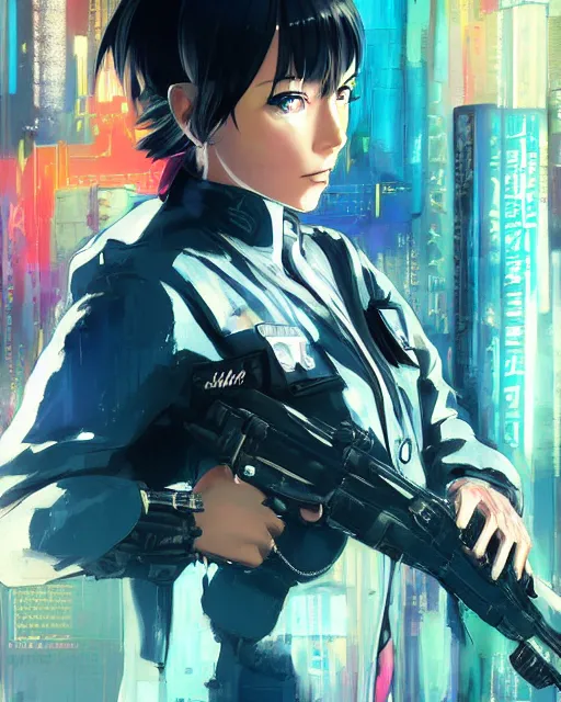 Image similar to police officer girl very very anime!!! fine face, audrey plaza, realistic shaded perfect face, fine details. anime. realistic shaded lighting cyberpunk futuristic neon tattoos styled hair reflective puffy sheen film jacket decorated poster by ilya kuvshinov katsuhiro otomo ghost in the shell magali villeneuve artgerm jeremy lipkin michael garmash rob rey