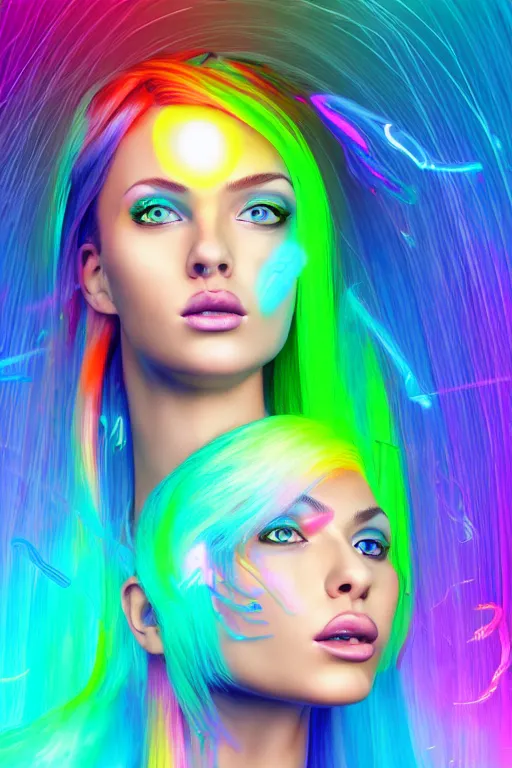 Image similar to a award winning half body portrait of a beautiful woman with stunning eyes in a croptop and cargo pants with rainbow colored ombre hairstyle head in motion and hair flying by thomas danthony, surrounded by whirling illuminated liquids and lines, outrun, vaporware, shaded flat illustration, digital art, trending on artstation, highly detailed, fine detail, intricate