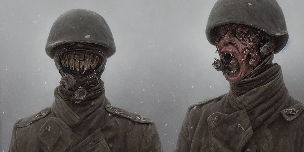 Prompt: an extremely detailed dark macabre photorealistic matte portrait of a soviet war soldier in a nuclear winter by J.C Leyendecker and Zdzisław Beksiński , Vietnam horror, destroyed street liminal space, dramatic lighting, trending on artstation, 8K, HDR, I cant believe how nightmarish this is