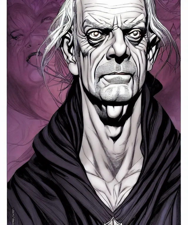 Image similar to a ( fantasy comic ) ( cover art ) portrait of an insane sorcerer who looks like ( christopher lloyd ), digital illustration by jenny frison and sana takeda and kentaro miura, fine inking lines, dnd, highly detailed!, hd, 4 k, trending on artstation