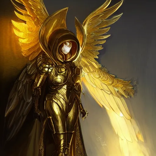 Prompt: golden armored angel, wings made of light, metal halo, no face, hooded, gold, fantasy, concept art, detailed realistic, character art by greg rutkowski and artgerm