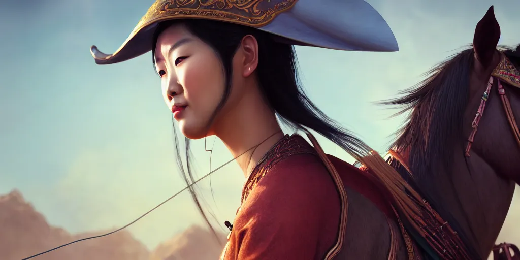 Prompt: painting of asian lady on horseback, hyper - realistic, unreal engine, octane render, digital art, trending on artstation, 8 k, detailed, atmospheric, immaculate