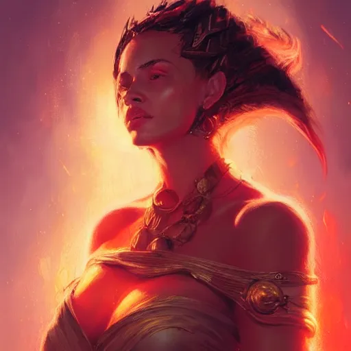 Image similar to a beautiful portrait of a fire goddess by greg rutkowski and raymond swanland, trending on artstation, flaming background, ultra realistic digital art