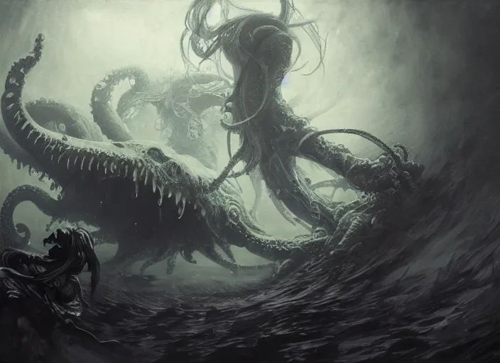 Prompt: my bed monochrome with a giant cthulhu eyes in the dark by gaston bussiere, anna nikonova aka newmilky, greg rutkowski, yoji shinkawa, yoshitaka amano, tsutomu nihei, moebius, donato giancola, geoffroy thoorens, trending on artstation, featured on pixiv, cinematic composition