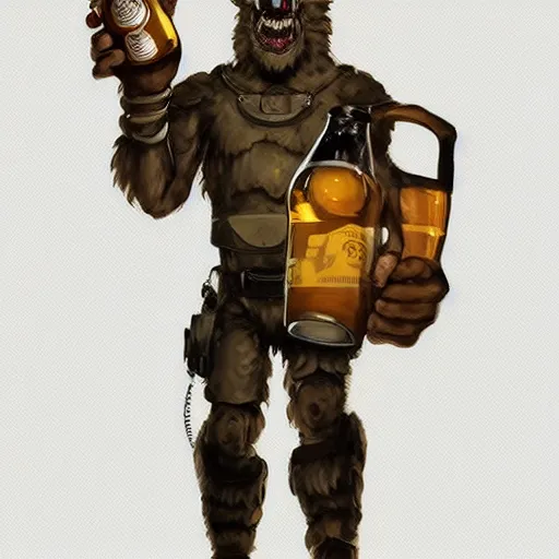 Image similar to a humanoid german shepherd beast - man in military style, holding a bottle of beer, artstation, concept art, smooth, sharp foccus ilustration, artstation