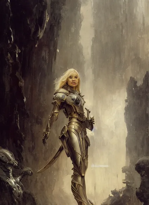 Image similar to smiling young blonde woman wearing a simple black armour, by gaston bussiere, bayard wu, greg rutkowski, giger, maxim verehin, greg rutkowski, masterpiece, sharp focus, cinematic lightning