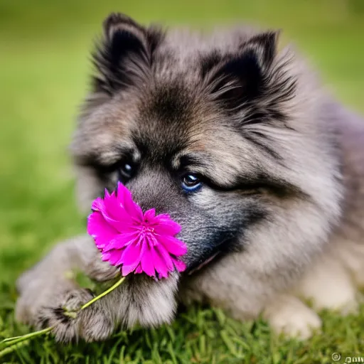 Prompt: a keeshond puppy sniffing a flower, sigma 8 5 mm f / 1. 4