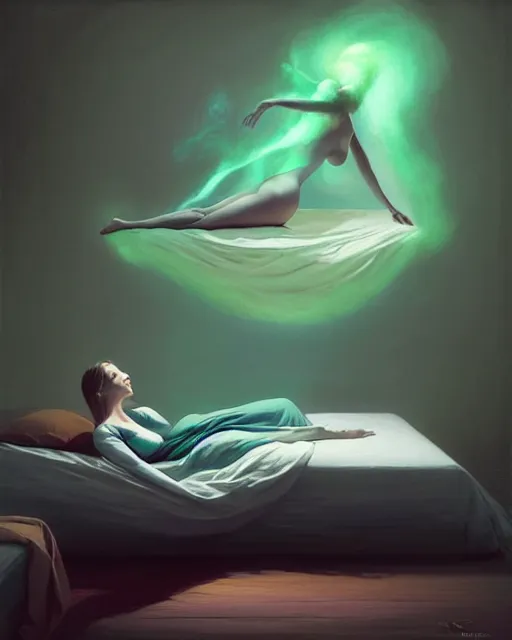 Prompt: a woman floating abover her bed at night, astral projection, green smoke! surreal concept art, lifelike, photorealistic, digital painting, aesthetic, smooth, sharp focus, artstation hd, artgerm and by greg rutkowski, bruce pennington, valentina remenar, rhads, asher duran,